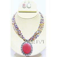 KNKSKM012 Multi Colored Beads Necklace Earring Set