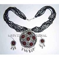 KSKQKS002 Oxidised Black Beads Necklace - Pendant & Earring Set
